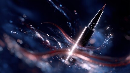 **Eye liner product levitating with dramatic spotlight and streaks of liquid eyeliner suspended in motion around it