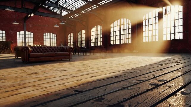 Sunlit vintage loft with dust particles highlighting rustic charm in spacious interior