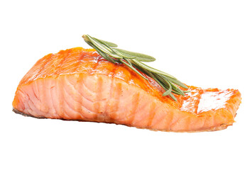 salmon steak with rosemary, isolated on transparent background.