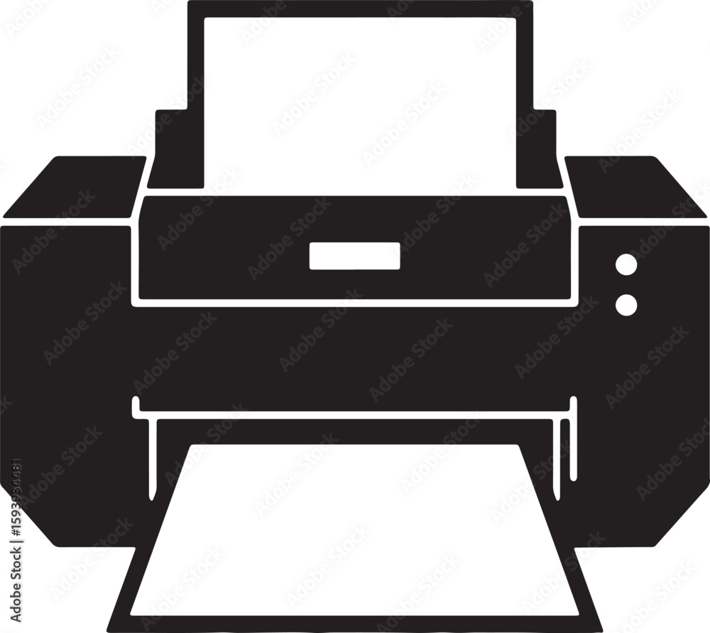 Aufkleber black and white icon of a printer with paper output and input trays for office or home use