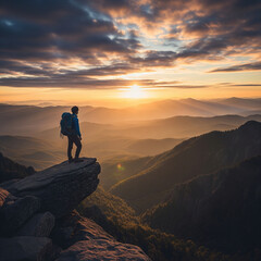 Fototapeta premium silhouette of a man standing on a mountain top