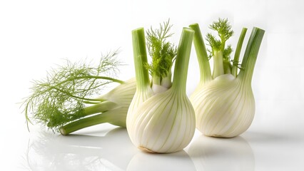 Fresh Fennel Bulbs with Green Stalks on White Background &ndash; Organic Vegetable Close-Up