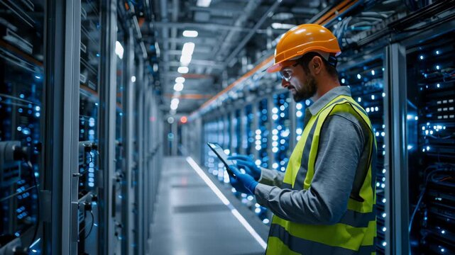 Crypto Mining Technician Performs System Check Inside Mining Farm