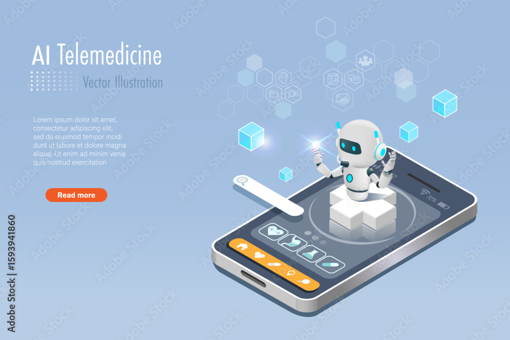Poster ai robot on medical app service on smartphone. artificial intelligence technology in medical and hea