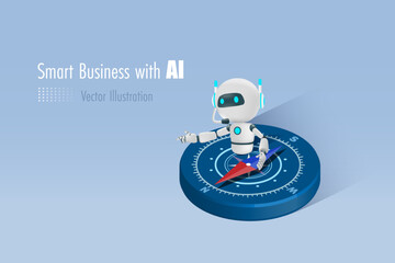 AI artificial intelligence robot pointing direction on compass. AI technology as smart assistant to develop business vision, direction and strategy. 3D Vector.