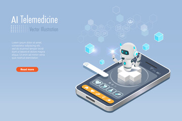 AI robot on medical app service on smartphone.
Artificial intelligence technology in medical and healthcare, AI telemedicine, online consultation, manipulating patient data system. 3D vector.