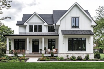 Exterior of a white farmhouse with modern black trim and gray rock siding at the bottom