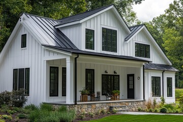 Exterior of a white farmhouse with modern black trim and gray rock siding at the bottom