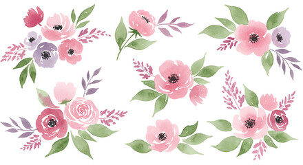 Elegant Watercolor Floral Bouquets Set for Wedding Invitations and Designs