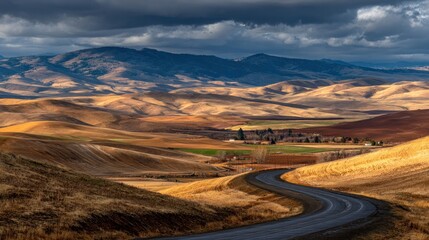 Winding road through golden hills under a stormy sky
