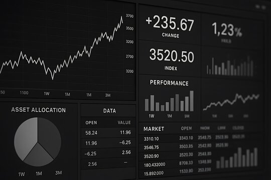 Financial market data displayed on a dark screen showing stock charts and analytics - Powered by Adobe