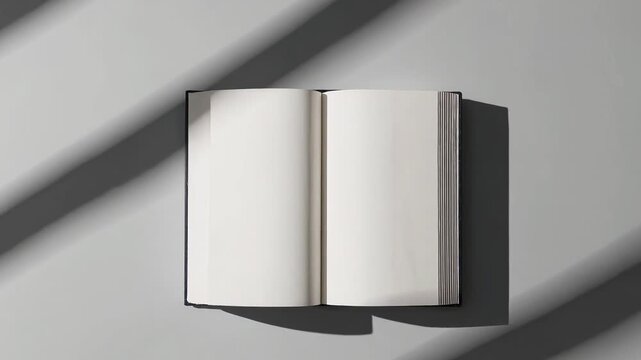 Open blank book on grey surface with shadow patterns   - Powered by Adobe