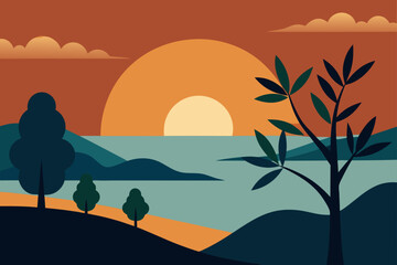 Mediterranean Coast Sunset with Olive Trees