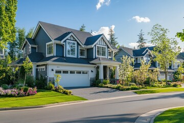 elegant homes with attached garages, luxury neighborhood in summertime