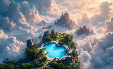 Aerial Azure Pool Surrounded by Lush Greenery and Ethereal Clouds