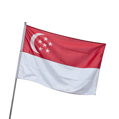 The national flag of Singapore flutters proudly, featuring its iconic crescent moon and five stars against a vibrant red and white background.