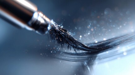 **Mascara applicator sweeping a perfect arc of black pigment across a translucent acrylic surface with clarity