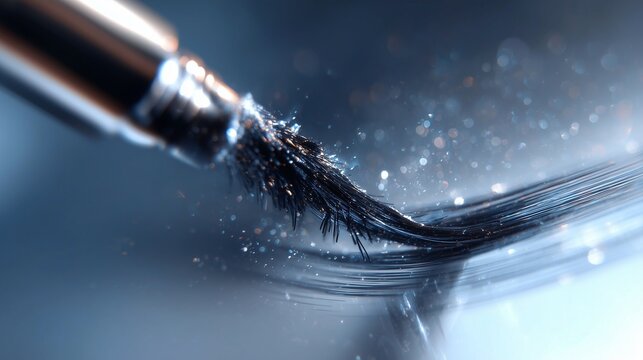 **Mascara applicator sweeping a perfect arc of black pigment across a translucent acrylic surface with clarity