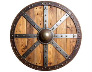 Angled Viking-Style Wooden Shield with Steel Reinforcements and Leather Straps, Isolated on Transparent Background PNG