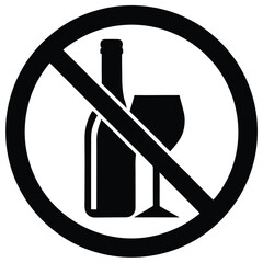 No Alcohol Sign Illustration Bottle and Glass Crossed Out, Prohibited Symbol