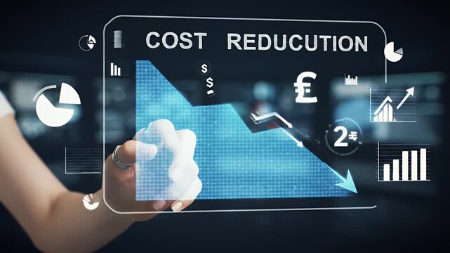 Hand Interacting with a Transparent Digital Interface Displaying Cost Reduction Graph with Downward Arrow in a Futuristic Environment with a Dark Blurred Background
