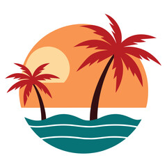 Retro Sunset Palm Trees Ocean Circle Tropical Illustration Design