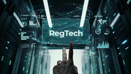 Hand Interacting with a Holographic Display in Data Center Room with Blue Light Futuristic Technology and Server Racks Data Storage System - Powered by Adobe