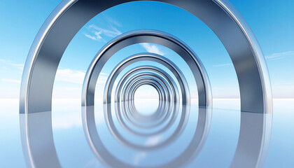 Fototapeta premium Architectural Serenity: A symmetrical perspective showcases a sequence of gleaming metal arches against a backdrop of a pristine, cloud-speckled sky.