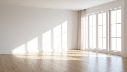 Fototapeta premium Light and Shadow in Empty Room: An inviting minimalist interior with wooden floor, sunlight, large windows. The natural light and shadow create a tranquil ambiance in the otherwise empty space.