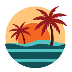 Tropical Sunset Palm Tree Beach Ocean Waves Illustration Art