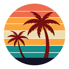 Two Palm Trees Silhouette Against Retro Sunset Circle