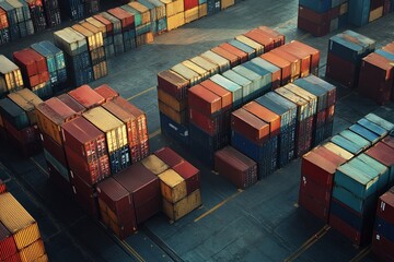 Fototapeta premium Dramatic freight yard with countriesâ€™ containers locked in battle, symbolizing tariffs