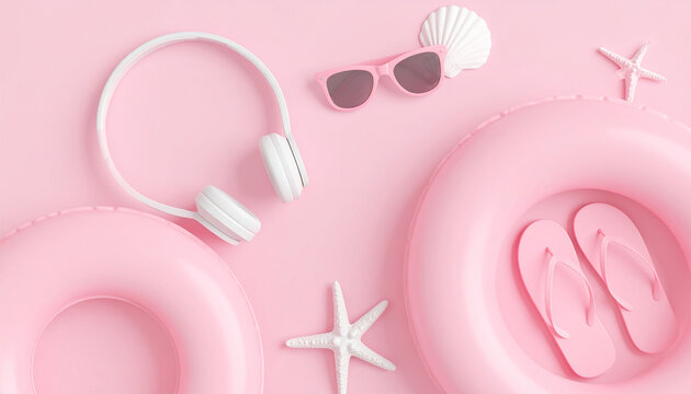 Serene Summer Essentials: A cheerful composition features pink floating rings, sunglasses, headphones, and starfish arranged against a soft pastel backdrop.