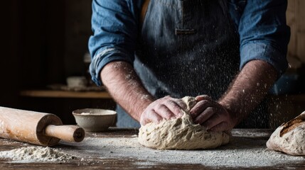 Hands kneading dough on a wooden table.