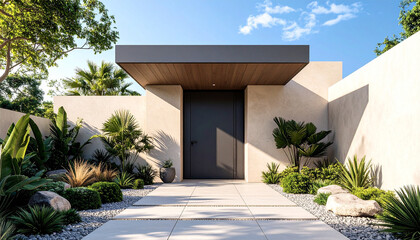 Fototapeta premium Modern Entryway to Serenity: A minimalist architectural marvel presents an inviting entrance, flanked by meticulously curated landscaping, creating a harmonious fusion of design and natural elements.