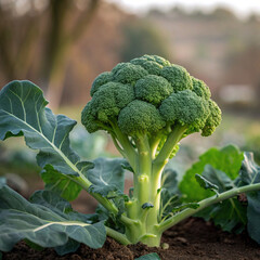 Fresh green broccoli growing in a garden