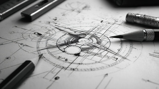 Detailed Architectural Blueprint with Compass and Drafting Tools