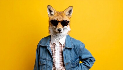 Fototapeta premium Cool looking fox wearing funky fashion dress - jacket, shirt, dark shades sunglasses. Wide banner with copy space on side. Stylish animal posing. 