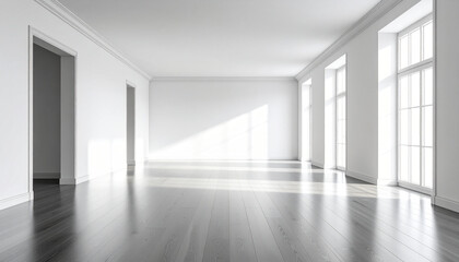 Contemporary Interior: A spacious, empty room, bathed in natural light streaming through tall windows, showcasing modern design with clean lines and minimalist aesthetic.