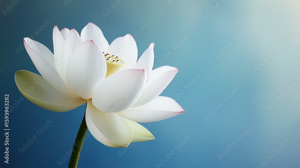 Poster white lotus flower with soft pink edges standing upright on empty blue background with sunlight shin