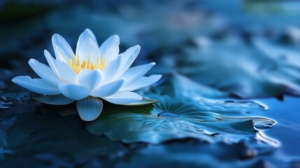 Serene white water lily blooming on tranquil blue waters symbolizing purity and tranquility in nature with peaceful natural beauty