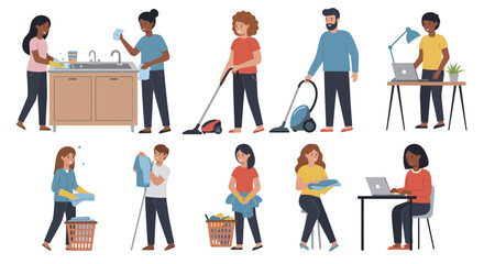 Illustration depicting various people engaged in cleaning and working activities at home setting