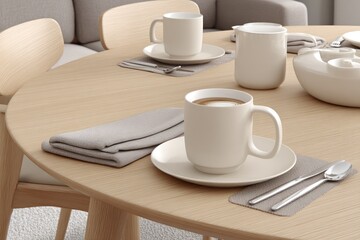 Fototapeta premium Wooden table with coffee set