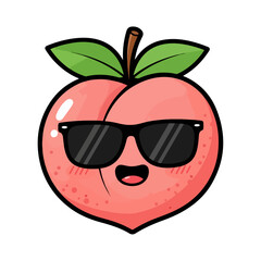 Cartoon Light Pink Peach with Blush and Black Sunglasses Smiling Front View with Green Leaves and Thick Outline