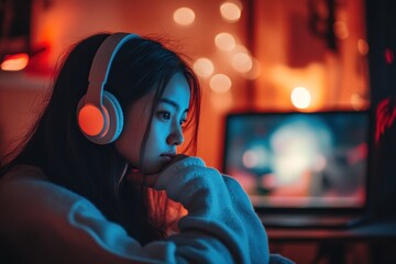Dedicated student pulling an all-nighter, Asian girl with headphones