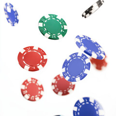 Colorful casino poker chips falling in motion against white background, symbolizing luck, gambling excitement, and gaming entertainment