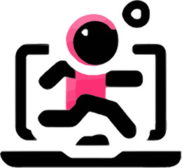running person icon inside laptop outline with pink and black stylized tech design