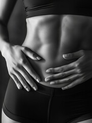 The image shows a woman in athletic clothing, highlighting her muscular core and abs. She is holding onto her stomach area, suggesting the focus on abdominal strength or muscle definition.