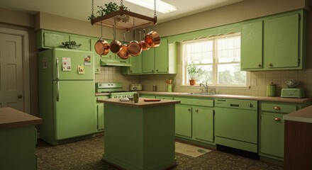 Retro Kitchen, Soft Green Tones, Copper Pots, Warm Lighting