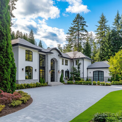 A luxurious modern home with a beautiful stone facade and landscaped yard